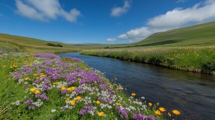 Fototapeta premium Mountain stream wildflowers summer meadow scenic landscape
