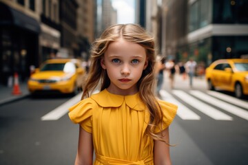 Fototapeta premium A young girl in a yellow dress stands on a city street