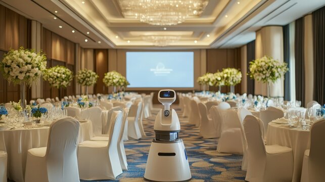 A service robot stands ready in an elegant event space adorned with flowers and tables