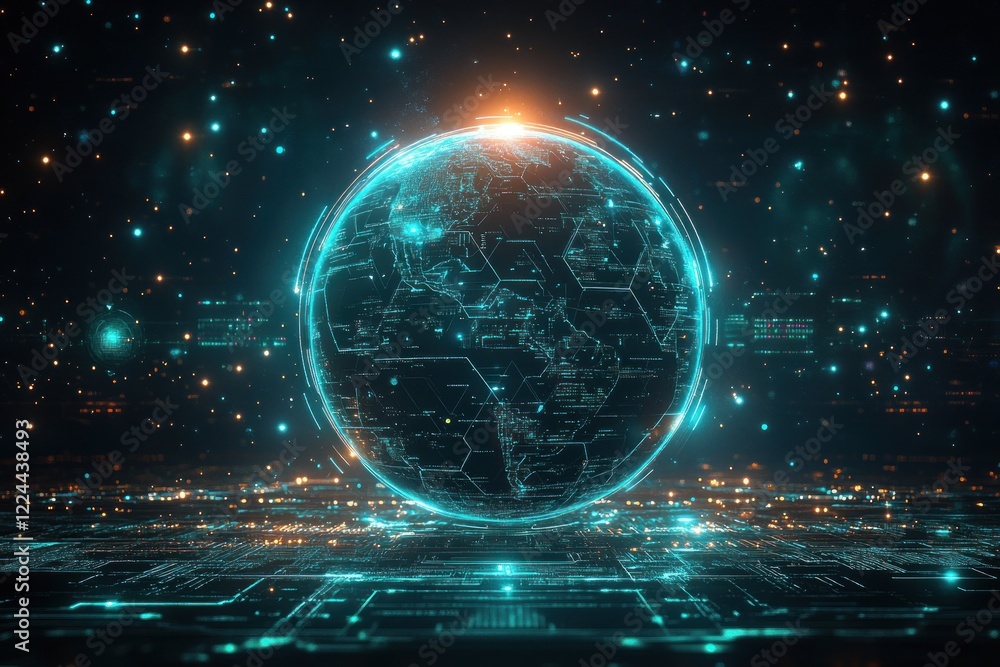 Poster futuristic digital globe with interconnected hexagonal patterns and cyberpunk style data visualizati