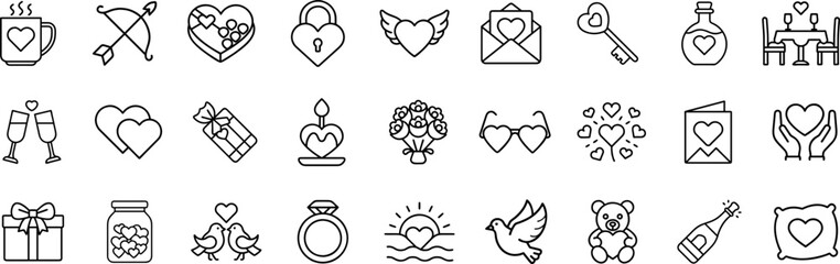 Valentine's Day Icons Collection - Set of minimalist Valentine's Day icons featuring hearts, gifts, love symbols, and romantic elements in line art style.
