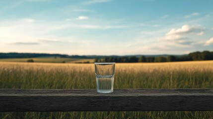 Empty glass on wooden fence, rural landscape background.