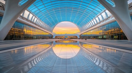 Sunset reflecting in modern building plaza