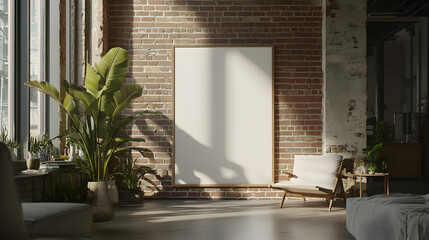 and airy loft with a blank poster leaning against a brick wall, surrounded by modern furniture and a large window allowing natural light to create a stylish and contemporary scene for mockups 