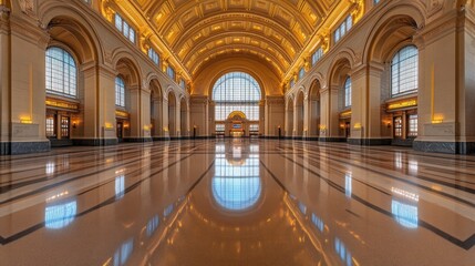 Obraz premium Grand station interior, marble floor reflecting arched window, daytime sunlight