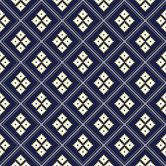 Abstract geometric ethnic pattern in white and yellow on a deep navy background, Design for clothing, fabric, background, wallpaper, wrapping, batik. Knitwear, Pixel pattern, Embroidery style.
Vector 