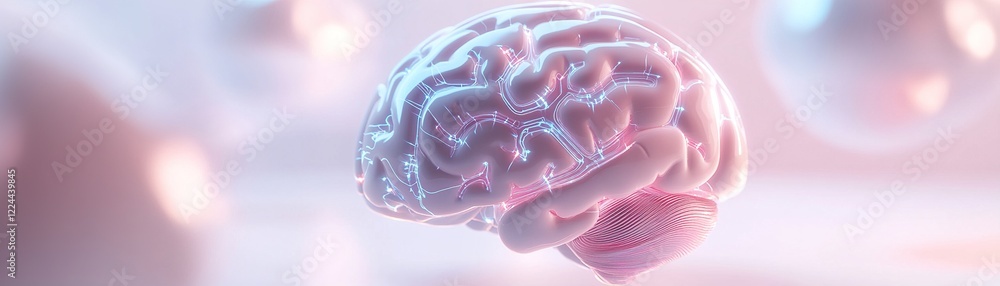 Poster a luminous 3d brain showcases intricate circuit-like metallic lines illuminated in neon blue and pur