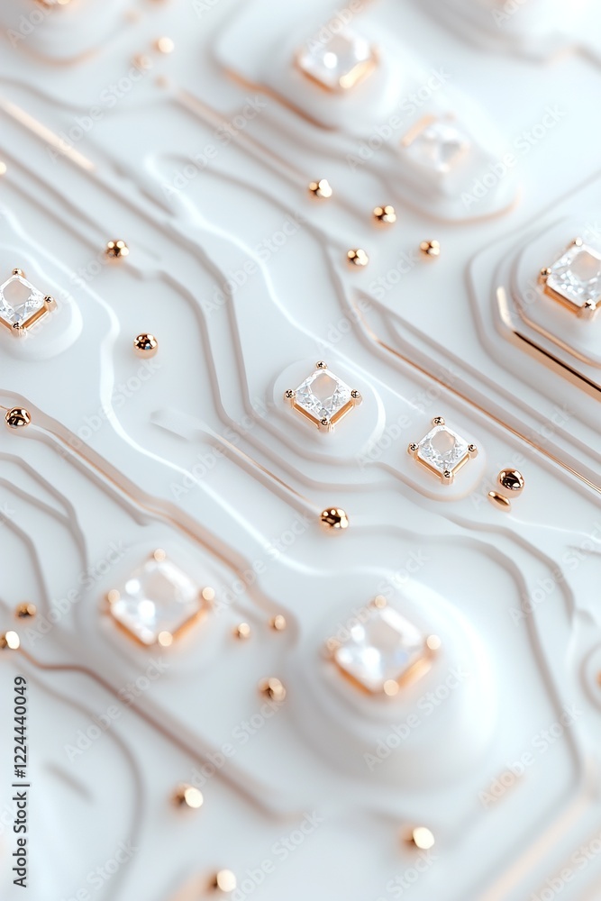 Poster glowing circuit pattern is etched into a smooth white surface, featuring diamond nodes connected by 
