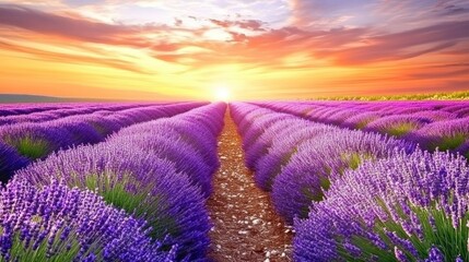 Fototapeta premium Sunset Lavender Field Rows, Provence, France, Calm (1)