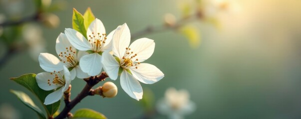 Softly glowing white pear blossoms on a slender stem, pale, delicate, blossoming