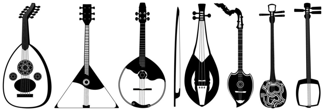 set vector acoustic guitar icon. Oud. Balalaika. Domra. rebec. Isarn Acoustic Electric Phin. Sanshin. Shamisen vintage design vector illustration