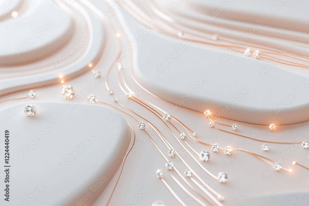 Poster glowing circuit patterns are etched into a smooth white surface, featuring sparkling diamond nodes c