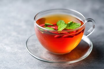 Goji berry: A powerful herbal remedy for health, A cup of herbal tea with mint and goji berries on a gray background.