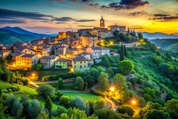 Obraz premium Benevento Italy, Green Landscape, Low Light, Rural Town, Evening Scenery