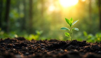 A young plant emerges from the forest floor, symbolizing growth and renewal on Earth Day, celebrating nature's resilience
