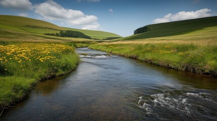 Obraz premium Stream flows valley, wildflowers, hills, summer day, nature scene, travel brochure