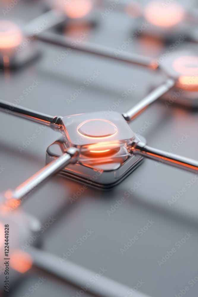 Poster a vibrant 3d digital grid features glowing neon orange and red nodes interspersed among abstract met