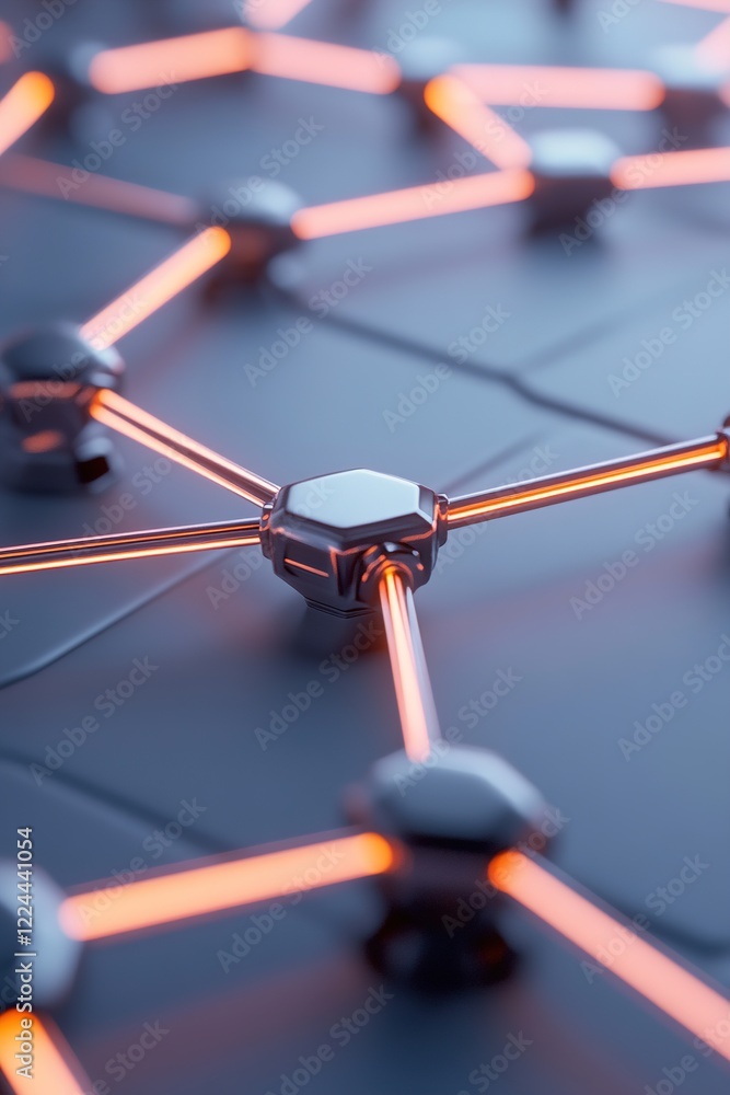 Poster a vibrant digital grid displays neon orange and red nodes interconnected by metallic lines. the back
