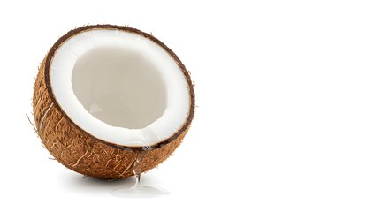Fresh coconut half with dripping coconut water on a clean white background with space for tropical-themed design elements