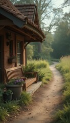 Obraz premium Brick country home with lush greenery and winding path