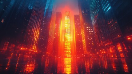 Glowing interior of a skyscraper under a night sky in a bustling urban setting