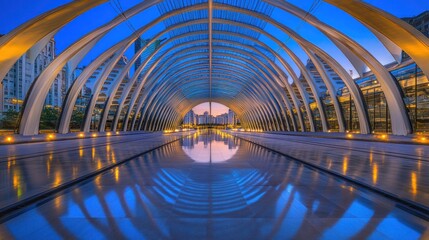 Fototapeta premium Modern arched walkway reflecting city skyline at dawn; architectural design