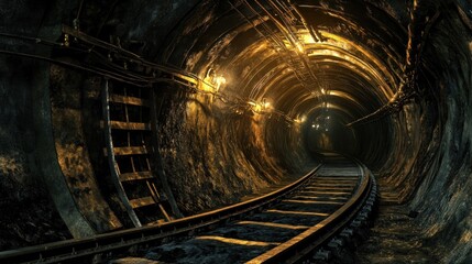 Dark mine tunnel, railway tracks, glowing lights, industrial background, mining