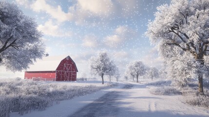 Snowy rural road, red barn, winter landscape, snowfall, idyllic scene