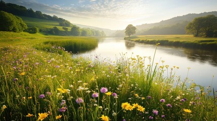Sunrise River Valley Wildflowers, Calm Morning Landscape