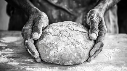 Baker's hands shaping dough, rustic kitchen, floury surface, baking bread