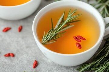 Goji berry: A powerful herbal remedy for health, Herbal tea with goji berries and rosemary sprigs in a white cup.