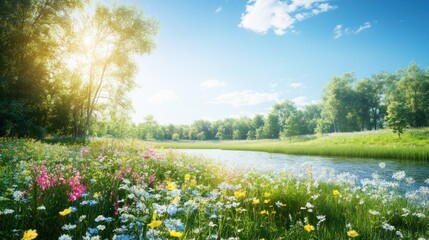 Fototapeta premium Sunny riverbank wildflowers, lush green trees, idyllic landscape, springtime serenity