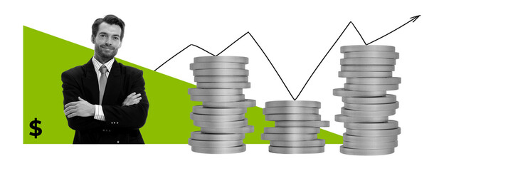 Modern art collage. Confident businessman standing near growing stacks of coins and arrow, representing financial growth, success. Concept of business and finance, economy, management. Ad