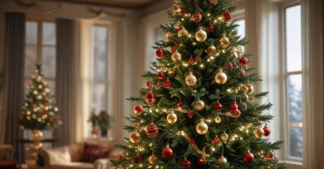 Ornaments and lights adorning a tall Christmas tree, ornaments, evergreen