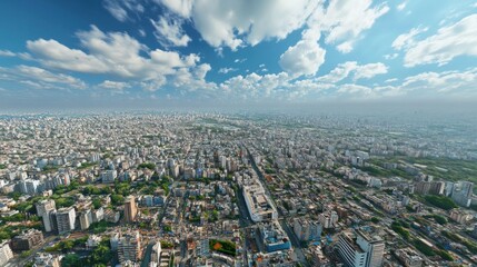 Aerial city view, sprawling metropolis, sunny day, puffy clouds, urban planning