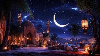 Naklejka premium Nighttime Arabian courtyard, crescent moon, stars, festive dinner, seaside