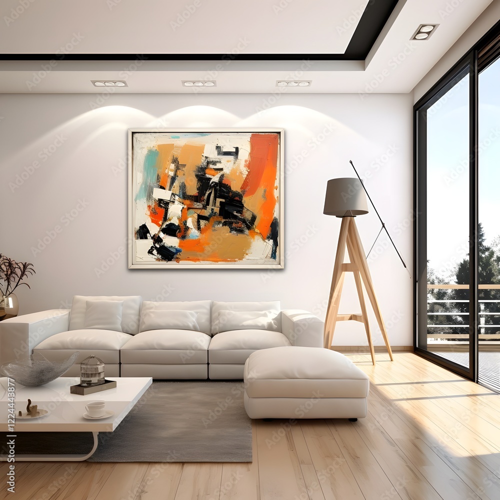 Aufkleber elegant and sophisticated modern art gallery featuring framed abstract paintings displayed on pristi