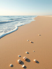 Ocean waves gently lapping at a sandy beach with shells and seaweed scattered along the shore, peaceful, sand, shell, seaweed