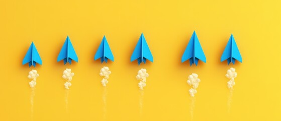 Business Growth Concept with Blue Paper Planes on Yellow Background