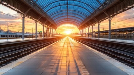 Fototapeta premium Sunset Train Station Platform, Journey, Transportation, Departure, Travel