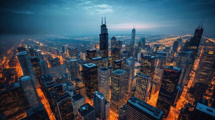 Obraz premium Aerial twilight cityscape, illuminated streets, buildings, sprawling metropolis, sunset, urban panorama, travel brochure