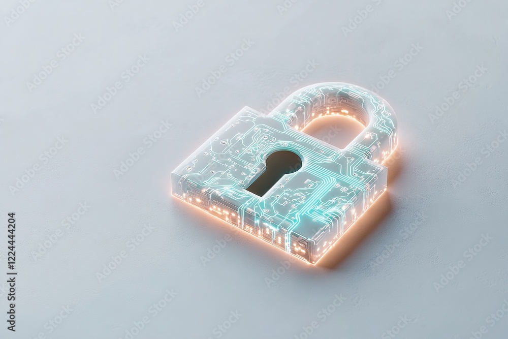 Poster an illuminated lock symbol features vein-like circuitry in neon blue and green. set against a bright