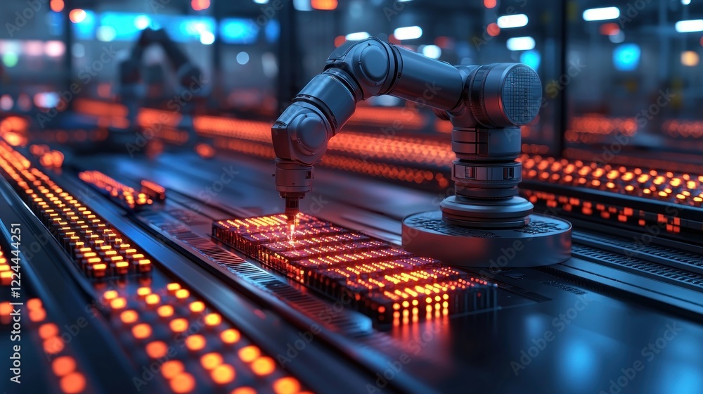 Poster Precise Robotic Arm on Automated Assembly Line in High-Tech Factory