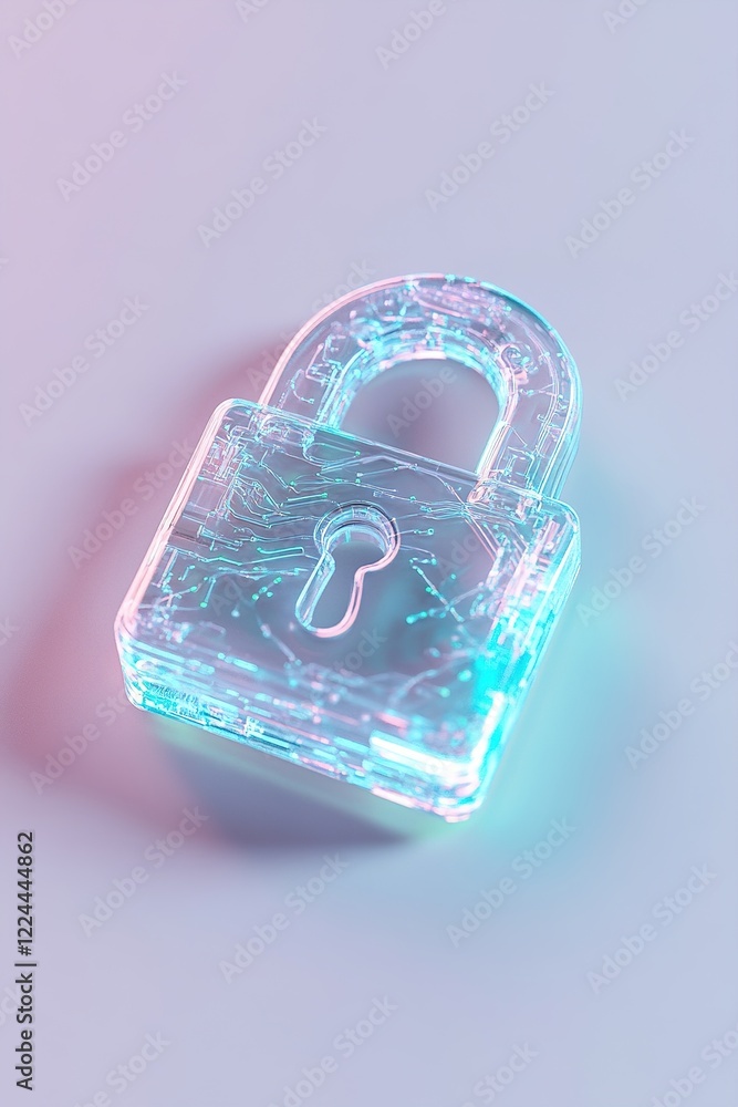 Poster featuring a glowing 3d lock symbol with intricate vein-like circuitry in neon blue and green, this h