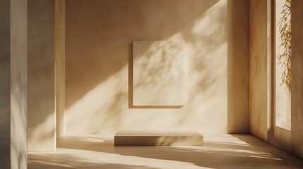 Minimalist interior with blank canvas on wall and sunlight casting shadows on surfaces
