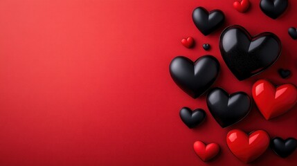 Red background, black & red hearts, Valentine's Day, greeting card design