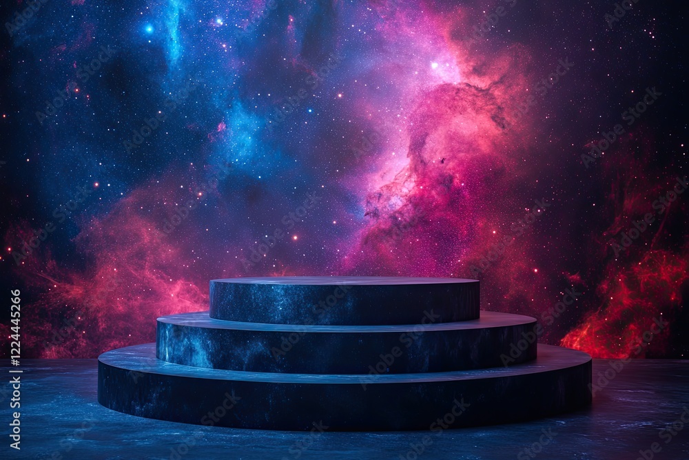 Poster cosmic platform: a three-tiered display against a vibrant nebula backdrop.