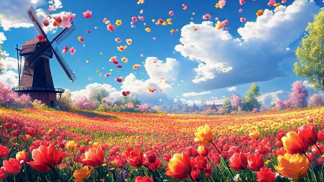 春の風景 - チューリップ畑と風車のある牧歌的な景色/Spring Landscape - Idyllic View of Tulip Fields and a Windmill Generative AI