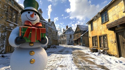 Obraz premium Festive snowman holding gift in snowy village street
