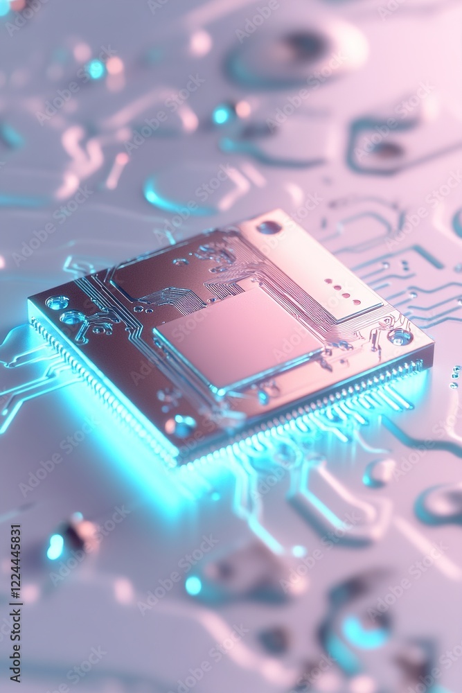 Poster a glowing microchip features detailed circuit patterns in neon blue and green tones. it rests on a m